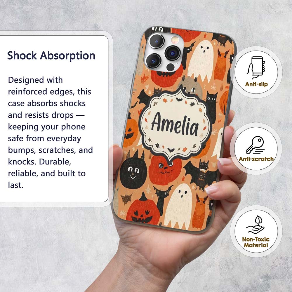 Cute Halloween Cats Bats Pumpkins Printed Design Custom Name Protective Phone Case Mobile Cover Durable Everyday Smartphone Shock Resistant