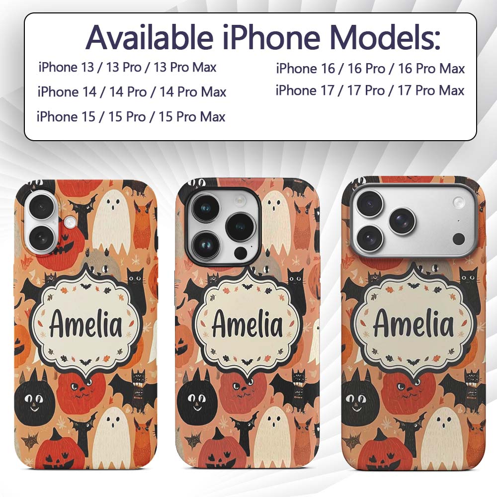 Cute Halloween Cats Bats Pumpkins Printed Design Custom Name Protective Phone Case Mobile Cover Durable Everyday Smartphone Shock Resistant