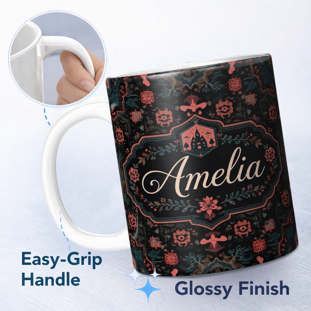 Personalized Custom Name Halloween Haunted House Gothic Floral Seamless Pattern Name Cute 11oz Ceramic Coffee Tea Mug White Large Handle