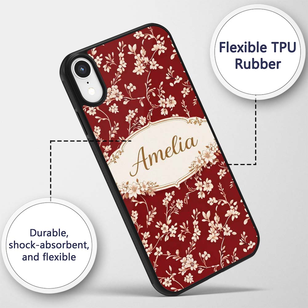 Red Vintage Floral Seamless Pattern Charming Custom Name Protective Phone Case Mobile Cover Durable Everyday Smartphone Shock Resistant