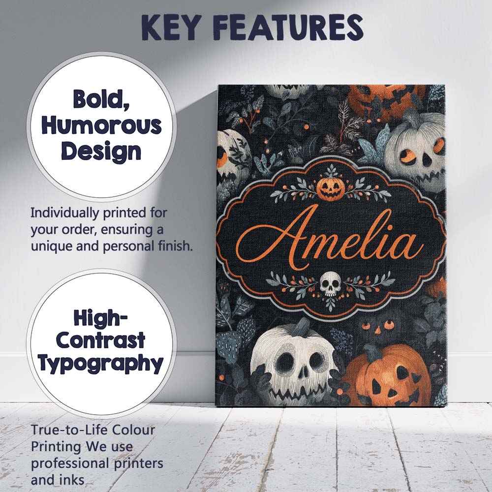 Personalised Name Halloween Pumpkin Botanical Custom Unique Gift Idea Modern Room Accent Canvas Wall Art Print Decor Picture Ready to Hang