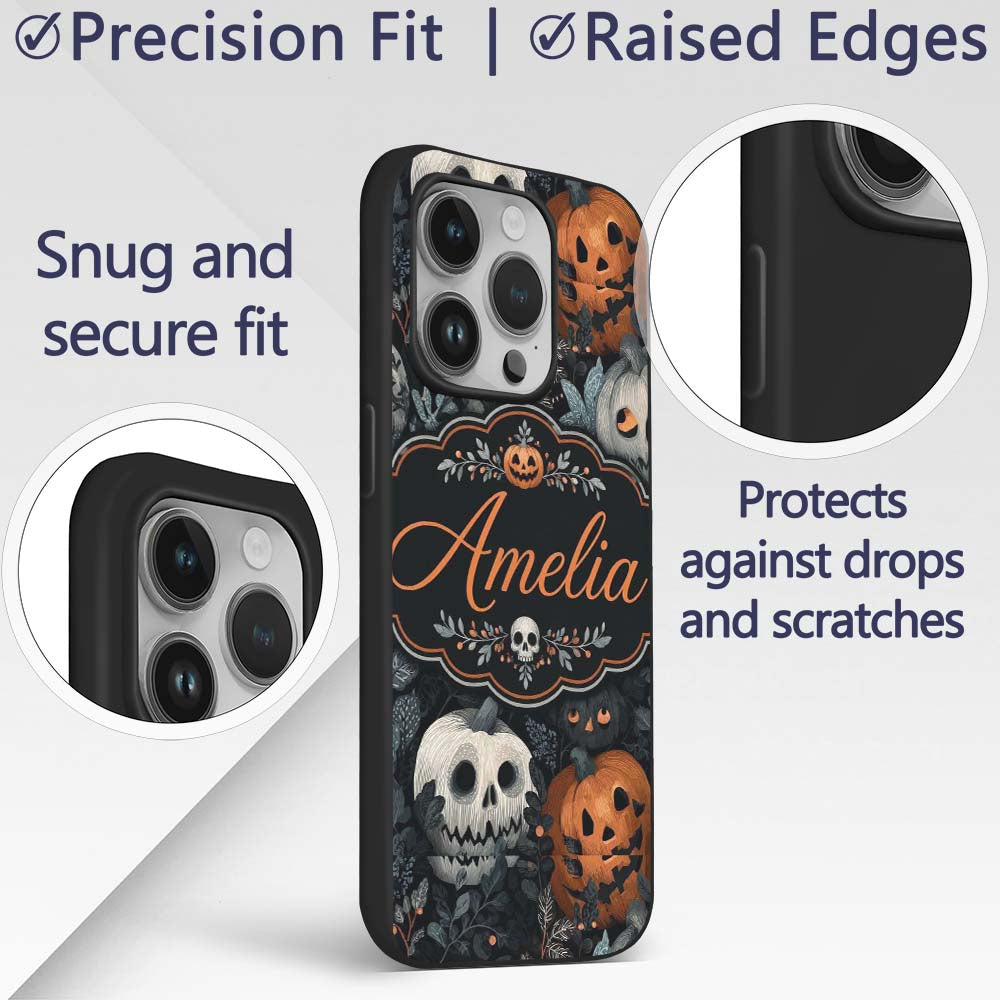 Halloween Pumpkin Botanical Dark Leaves Seamless Custom Name Protective Phone Case Mobile Cover Durable Everyday Smartphone Shock Resistant