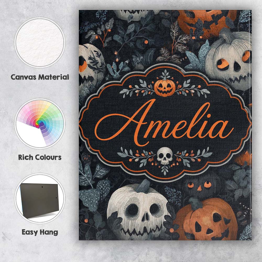 Personalised Name Halloween Pumpkin Botanical Custom Unique Gift Idea Modern Room Accent Canvas Wall Art Print Decor Picture Ready to Hang