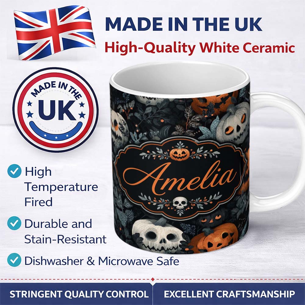 Personalized Custom Name Halloween Pumpkin Botanical Dark Leaves Seamless Pattern Name Cute 11oz Ceramic Coffee Tea Mug White Large Handle