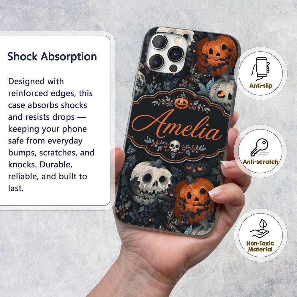 Halloween Pumpkin Botanical Dark Leaves Seamless Custom Name Protective Phone Case Mobile Cover Durable Everyday Smartphone Shock Resistant