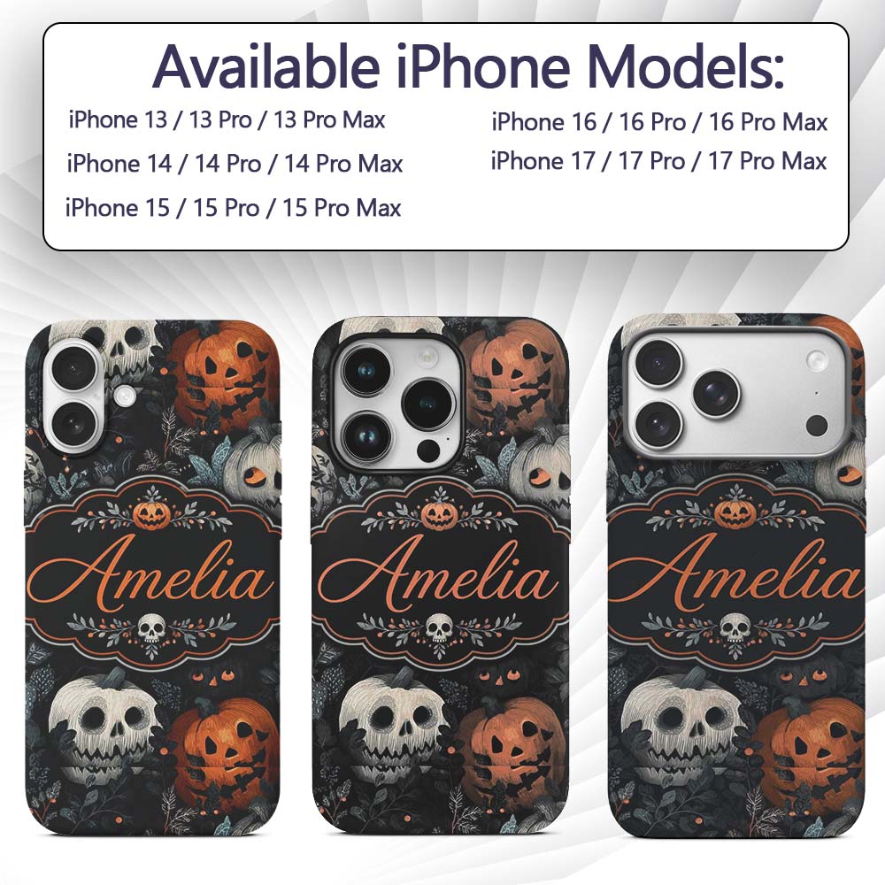 Halloween Pumpkin Botanical Dark Leaves Seamless Custom Name Protective Phone Case Mobile Cover Durable Everyday Smartphone Shock Resistant