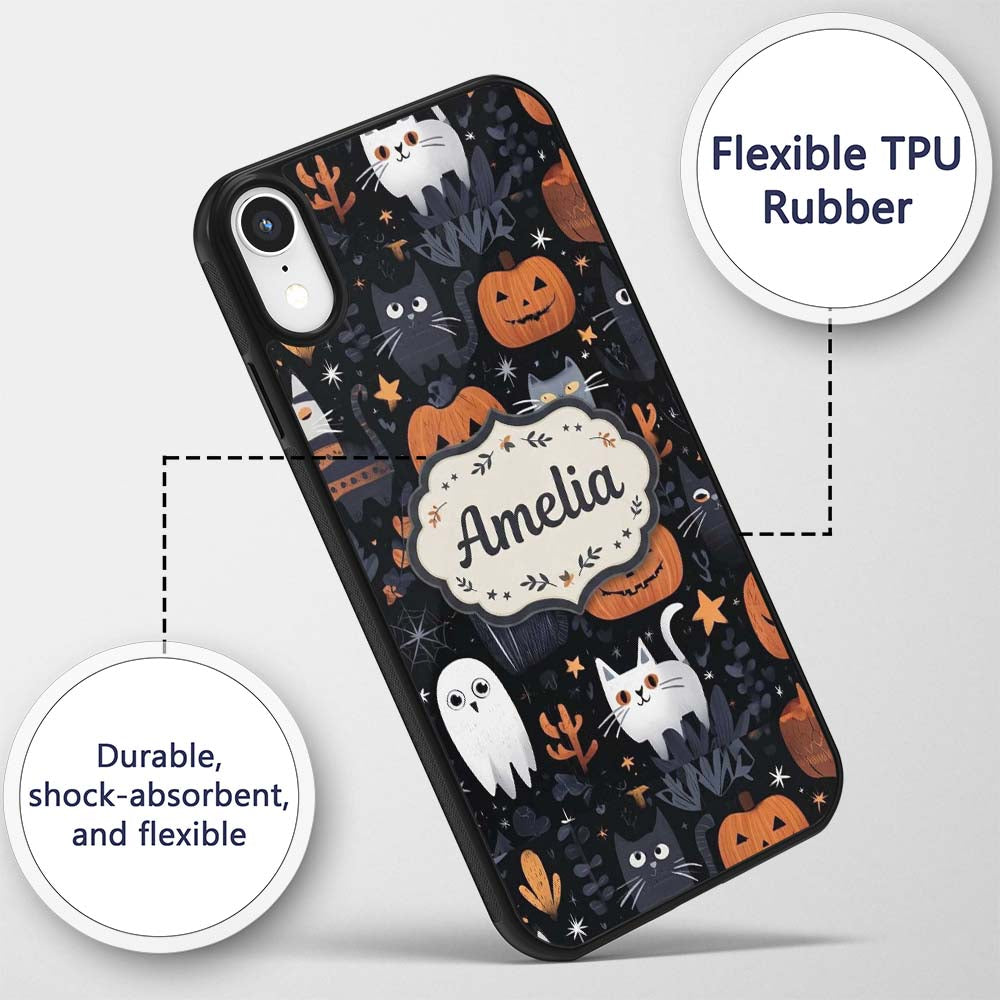 Cute Halloween Cats and Pumpkins Night Seamless Custom Name Protective Phone Case Mobile Cover Durable Everyday Smartphone Shock Resistant