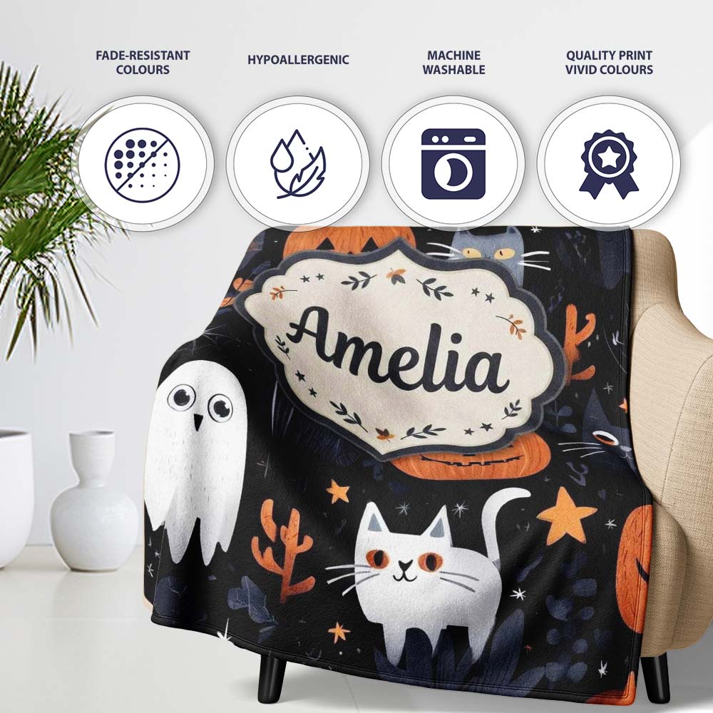 Cute Halloween Cats and Pumpkins Night Seamless Pattern Name Unique Personalised Custom Name Super Soft Fleece Blanket Bed Sofa Throw