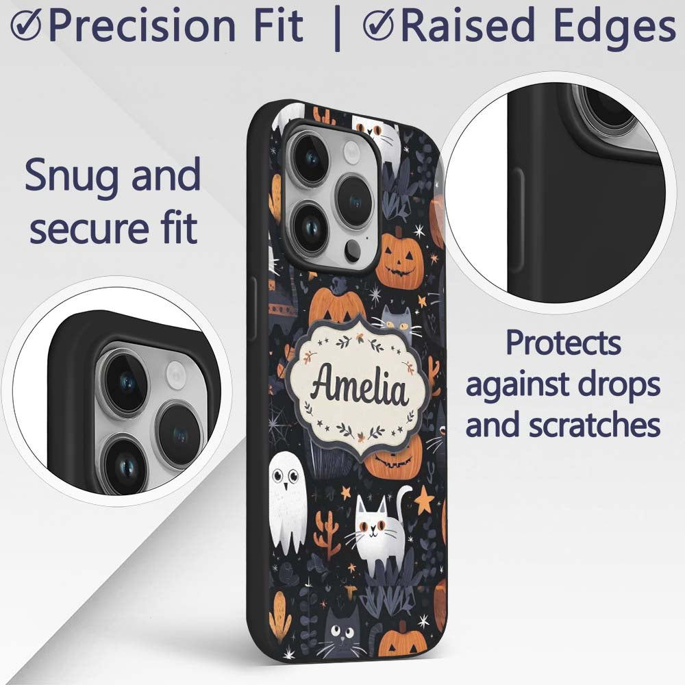 Cute Halloween Cats and Pumpkins Night Seamless Custom Name Protective Phone Case Mobile Cover Durable Everyday Smartphone Shock Resistant