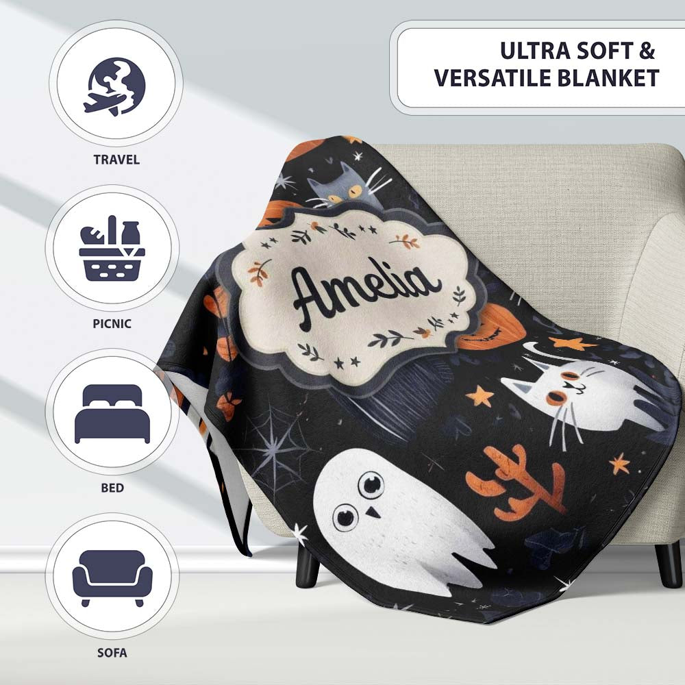 Cute Halloween Cats and Pumpkins Night Seamless Pattern Name Unique Personalised Custom Name Super Soft Fleece Blanket Bed Sofa Throw