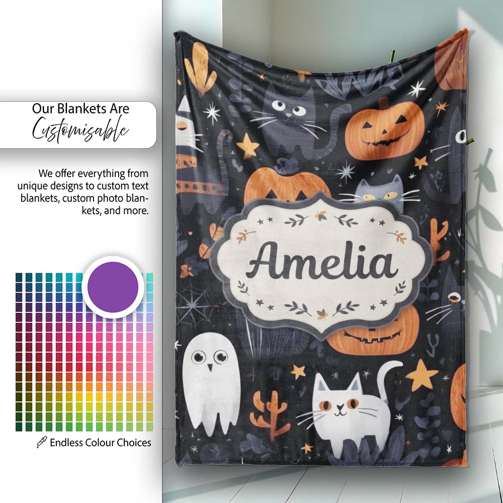 Cute Halloween Cats and Pumpkins Night Seamless Pattern Name Unique Personalised Custom Name Super Soft Fleece Blanket Bed Sofa Throw