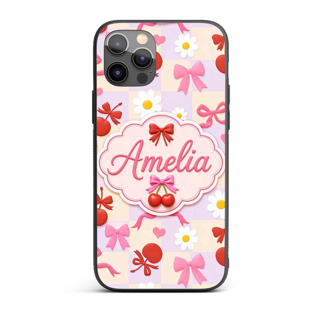 Cute Cherry Bow Daisy Heart Seamless Pattern on Custom Name Protective Phone Case Mobile Cover Durable Everyday Smartphone Shock Resistant