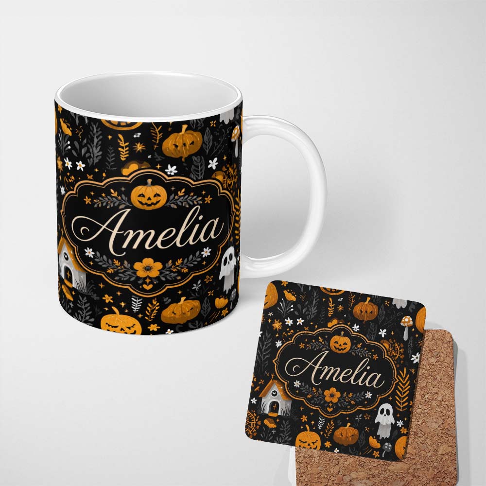 Personalized Custom Name Halloween Cute Ghost House Floral Night Seamless Pattern Name 11oz Ceramic Coffee Tea Mug White Large Handle