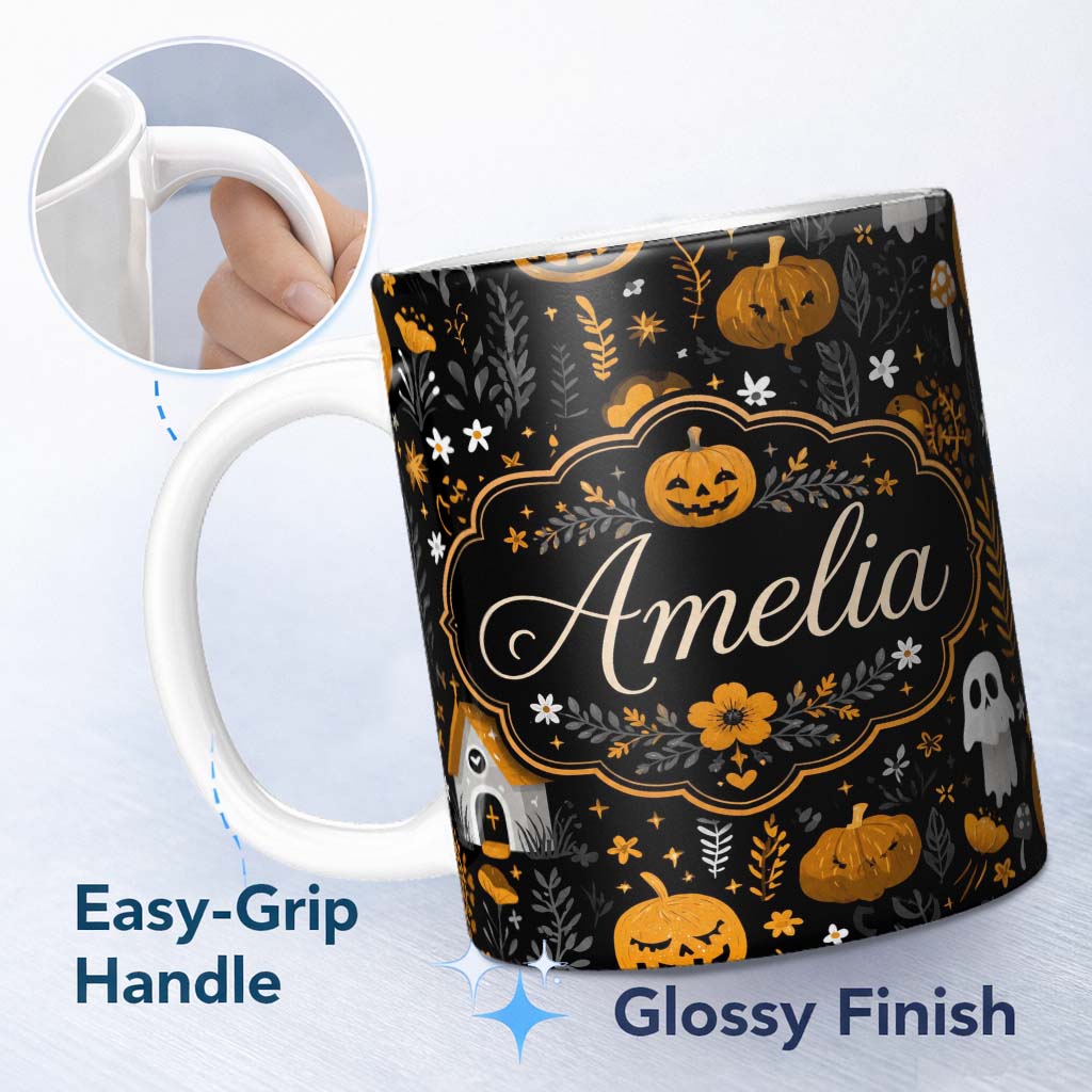 Personalized Custom Name Halloween Cute Ghost House Floral Night Seamless Pattern Name 11oz Ceramic Coffee Tea Mug White Large Handle