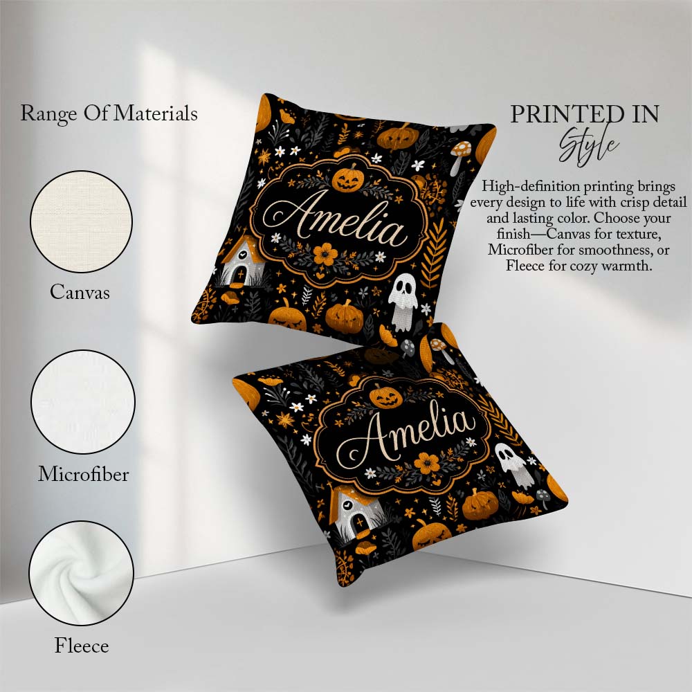 Custom Name Halloween Cute Ghost House Floral Night Pattern Name Square Filled Cushion Throw Pillow Sofa Bed Home Decor Zip Washable UK Made
