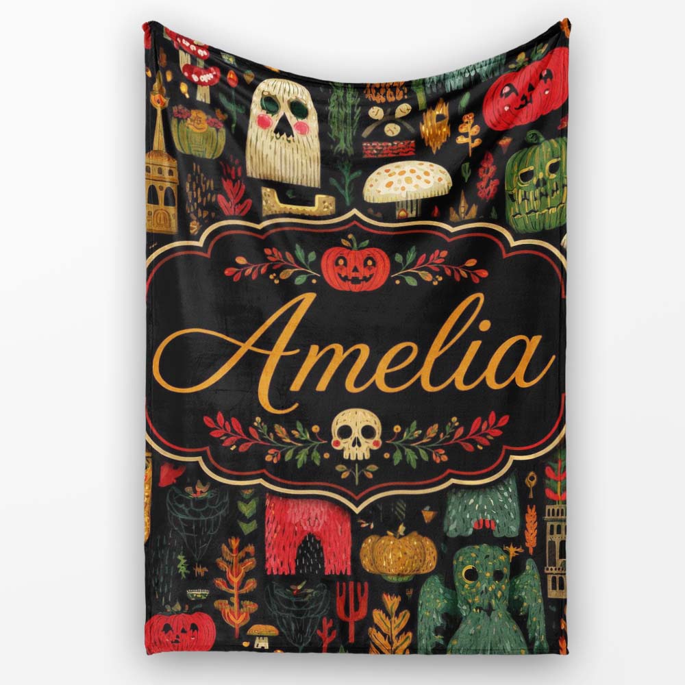 Folk Art Halloween Creatures Masks and Nature Seamless Pattern Name Personalised Custom Name Super Soft Fleece Blanket Bed Sofa Throw