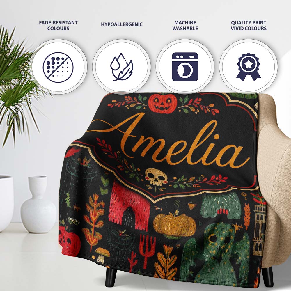 Folk Art Halloween Creatures Masks and Nature Seamless Pattern Name Personalised Custom Name Super Soft Fleece Blanket Bed Sofa Throw