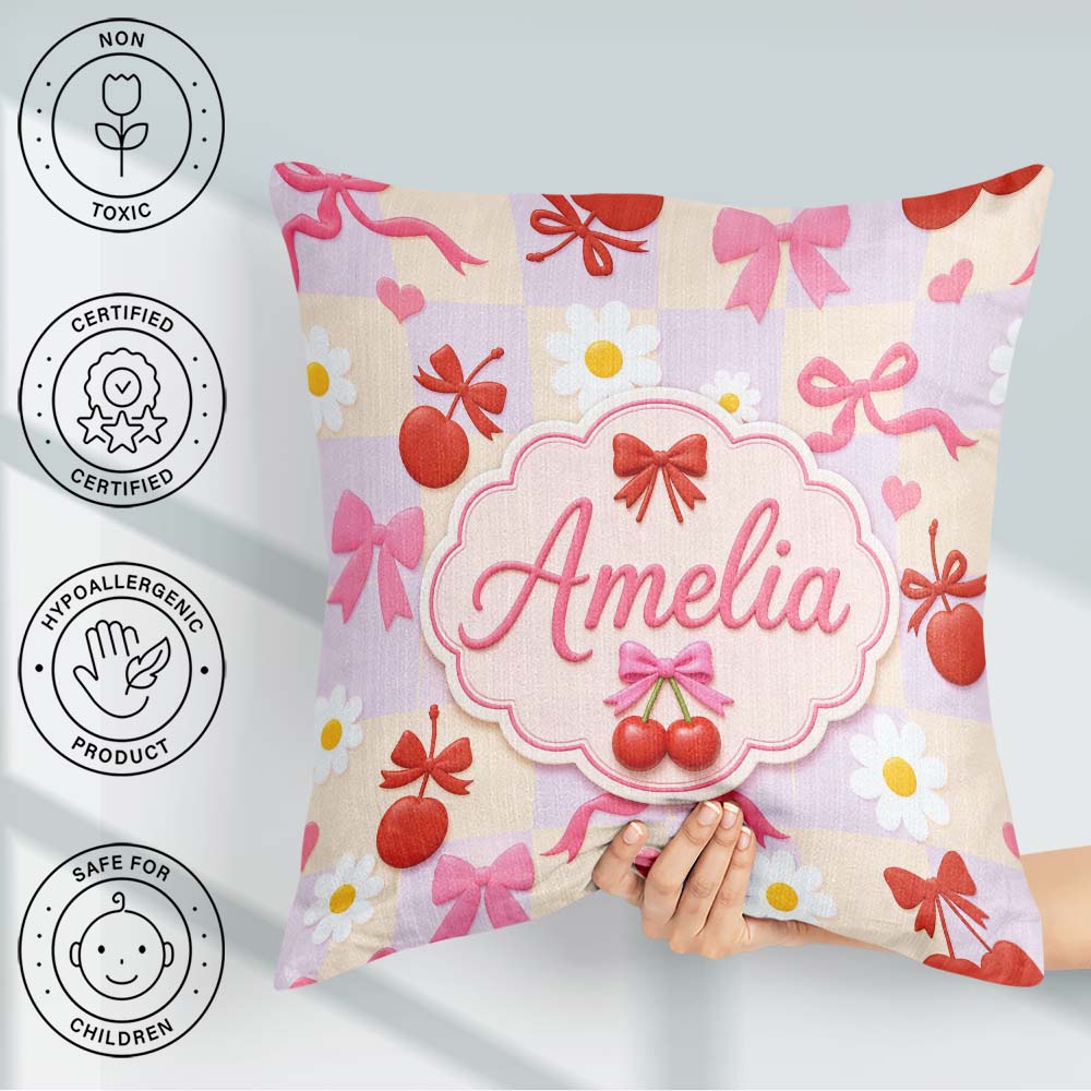 Custom Name Cute Cherry Bow Daisy Heart Seamless on Pastel Lilac Square Filled Cushion Throw Pillow Sofa Bed Home Decor Zip Washable UK Made