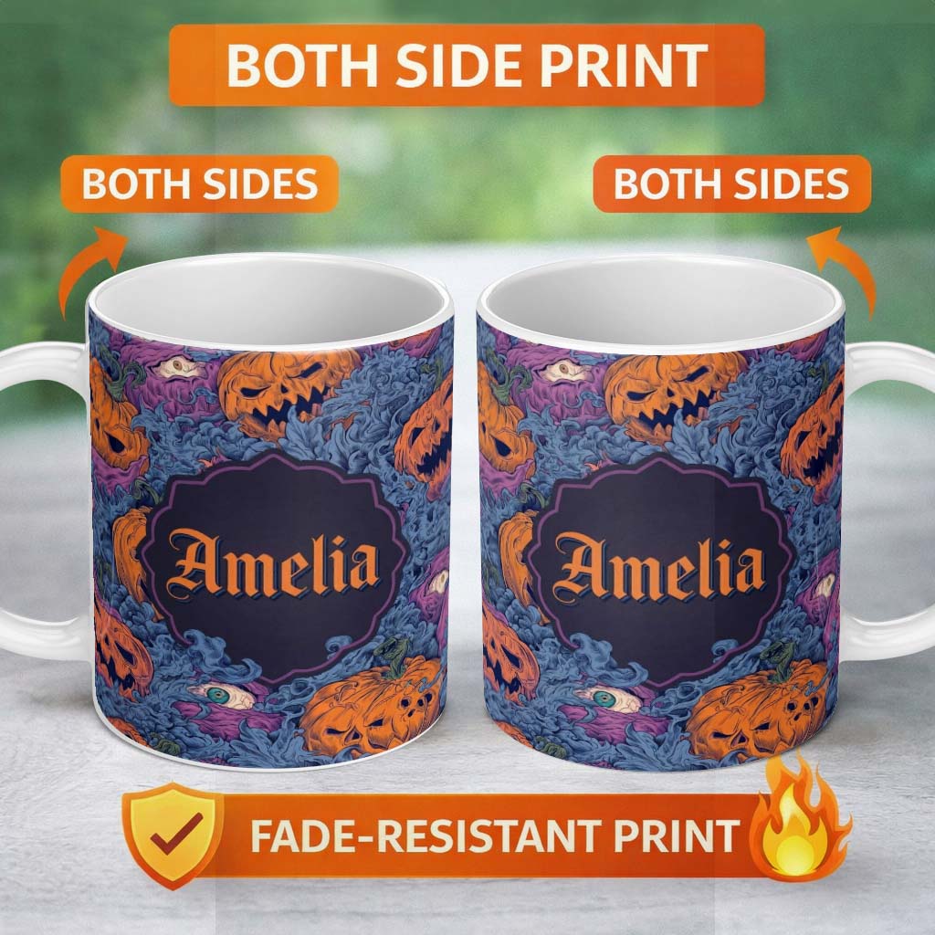 Personalized Custom Name Spooky Pumpkin Eyes Horror Abstract Seamless Pattern Name Cute 11oz Ceramic Coffee Tea Mug White Large Handle