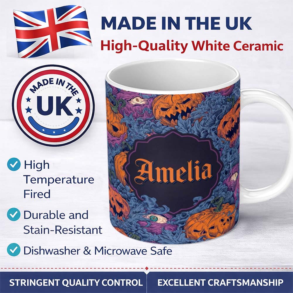 Personalized Custom Name Spooky Pumpkin Eyes Horror Abstract Seamless Pattern Name Cute 11oz Ceramic Coffee Tea Mug White Large Handle
