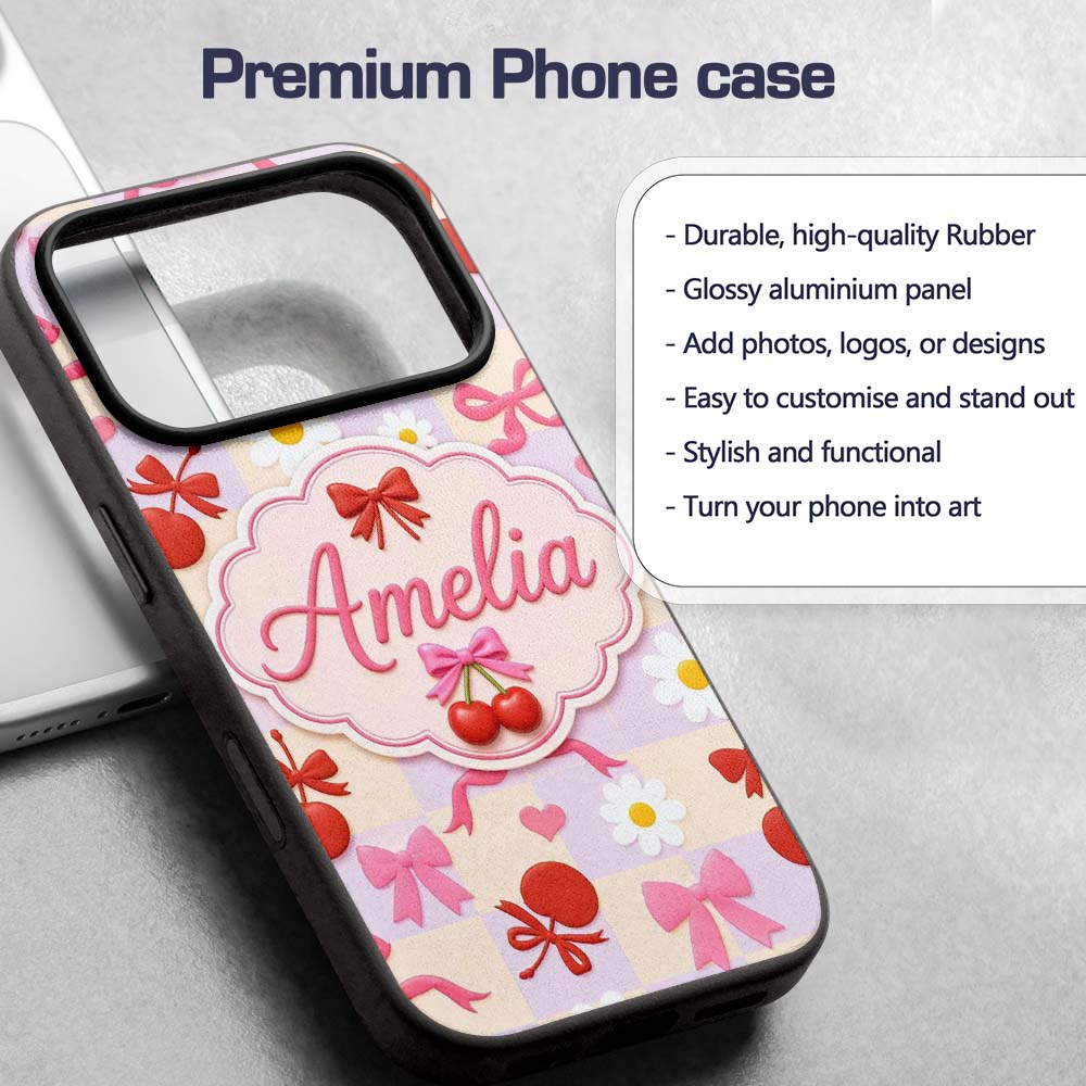 Cute Cherry Bow Daisy Heart Seamless Pattern on Custom Name Protective Phone Case Mobile Cover Durable Everyday Smartphone Shock Resistant