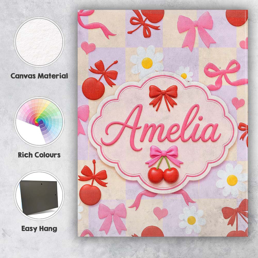 Personalised Name Cute Cherry Bow Daisy Heart Seamless Pattern on Custom Bespoke Canvas Wall Art Print Decor Picture Ready to Hang