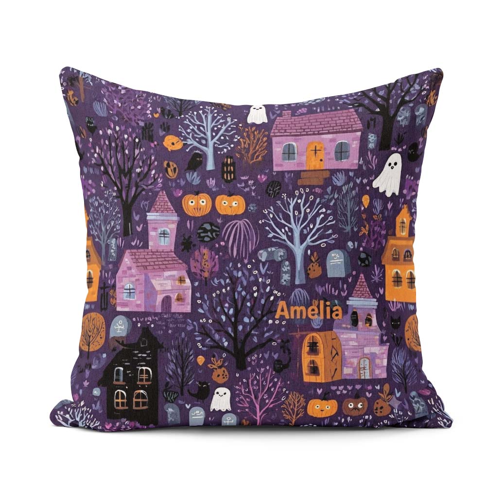 Custom Name Haunted Village Purple Night Halloween Seamless Name Square Filled Cushion Throw Pillow Sofa Bed Home Decor Zip Washable UK Made
