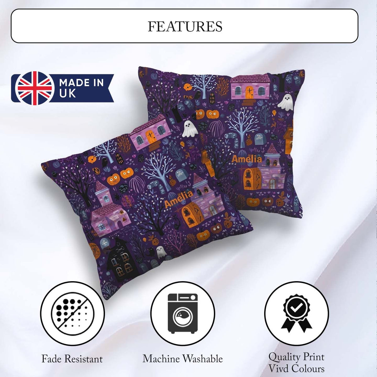 Custom Name Haunted Village Purple Night Halloween Seamless Name Square Filled Cushion Throw Pillow Sofa Bed Home Decor Zip Washable UK Made
