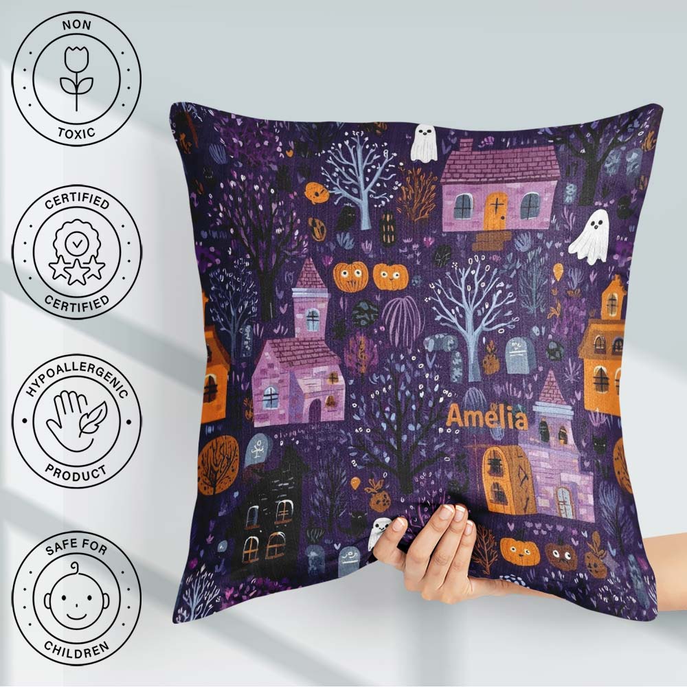 Custom Name Haunted Village Purple Night Halloween Seamless Name Square Filled Cushion Throw Pillow Sofa Bed Home Decor Zip Washable UK Made