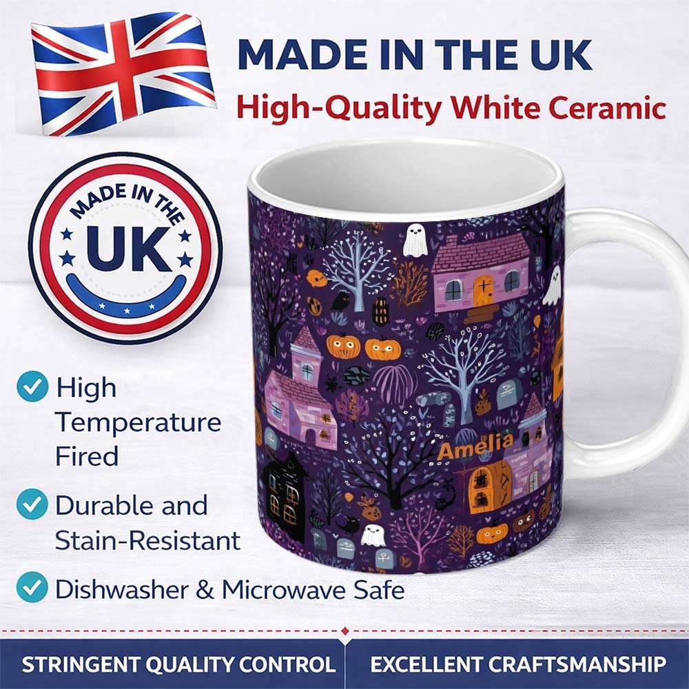 Personalized Custom Name Haunted Village Purple Night Halloween Seamless Pattern Name Cute 11oz Ceramic Coffee Tea Mug White Large Handle