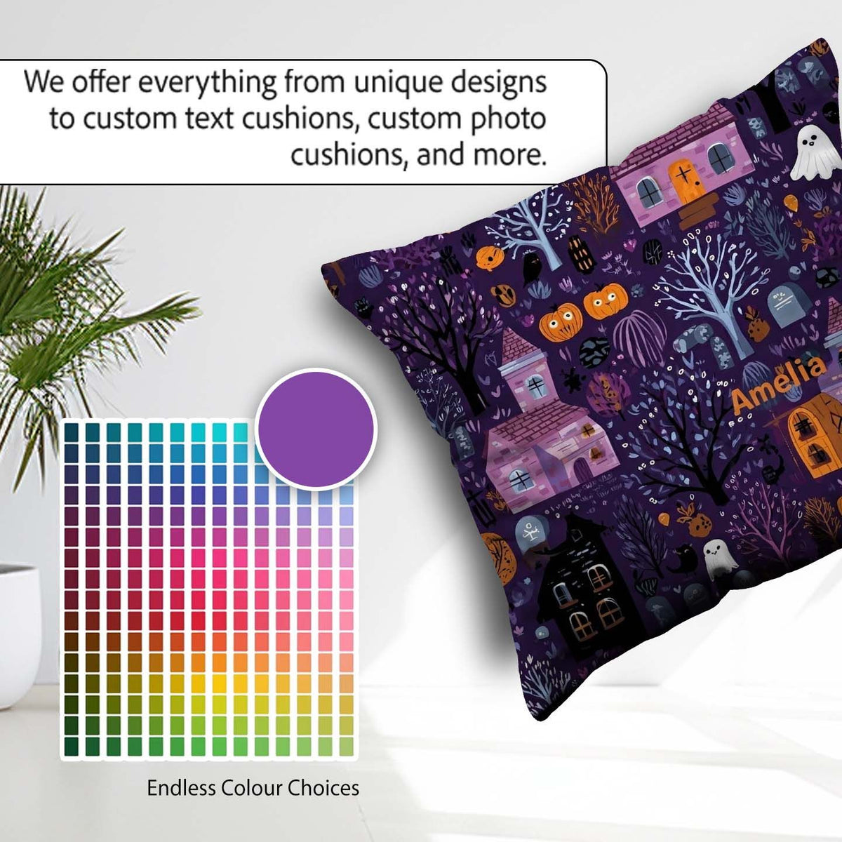 Custom Name Haunted Village Purple Night Halloween Seamless Name Square Filled Cushion Throw Pillow Sofa Bed Home Decor Zip Washable UK Made