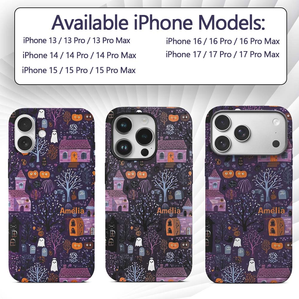 Haunted Village Purple Night Halloween Seamless Custom Name Protective Phone Case Mobile Cover Durable Everyday Smartphone Shock Resistant