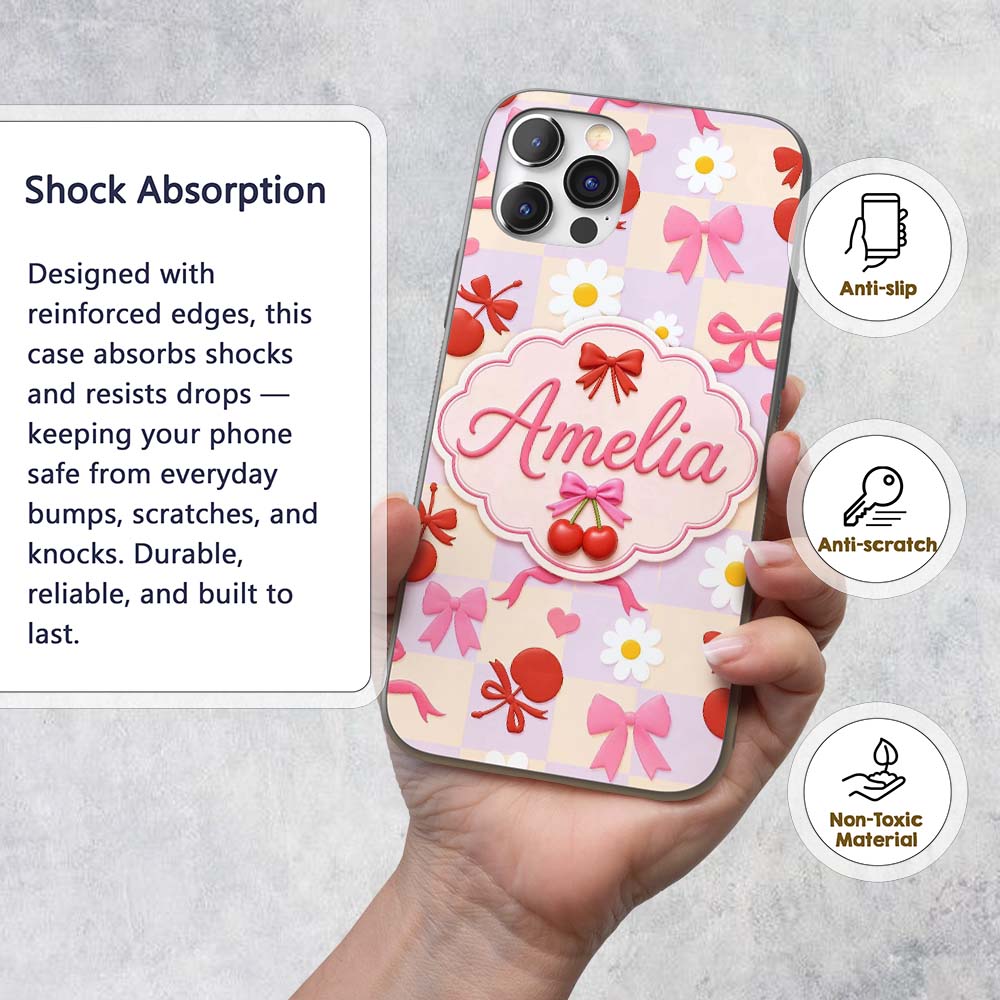 Cute Cherry Bow Daisy Heart Seamless Pattern on Custom Name Protective Phone Case Mobile Cover Durable Everyday Smartphone Shock Resistant