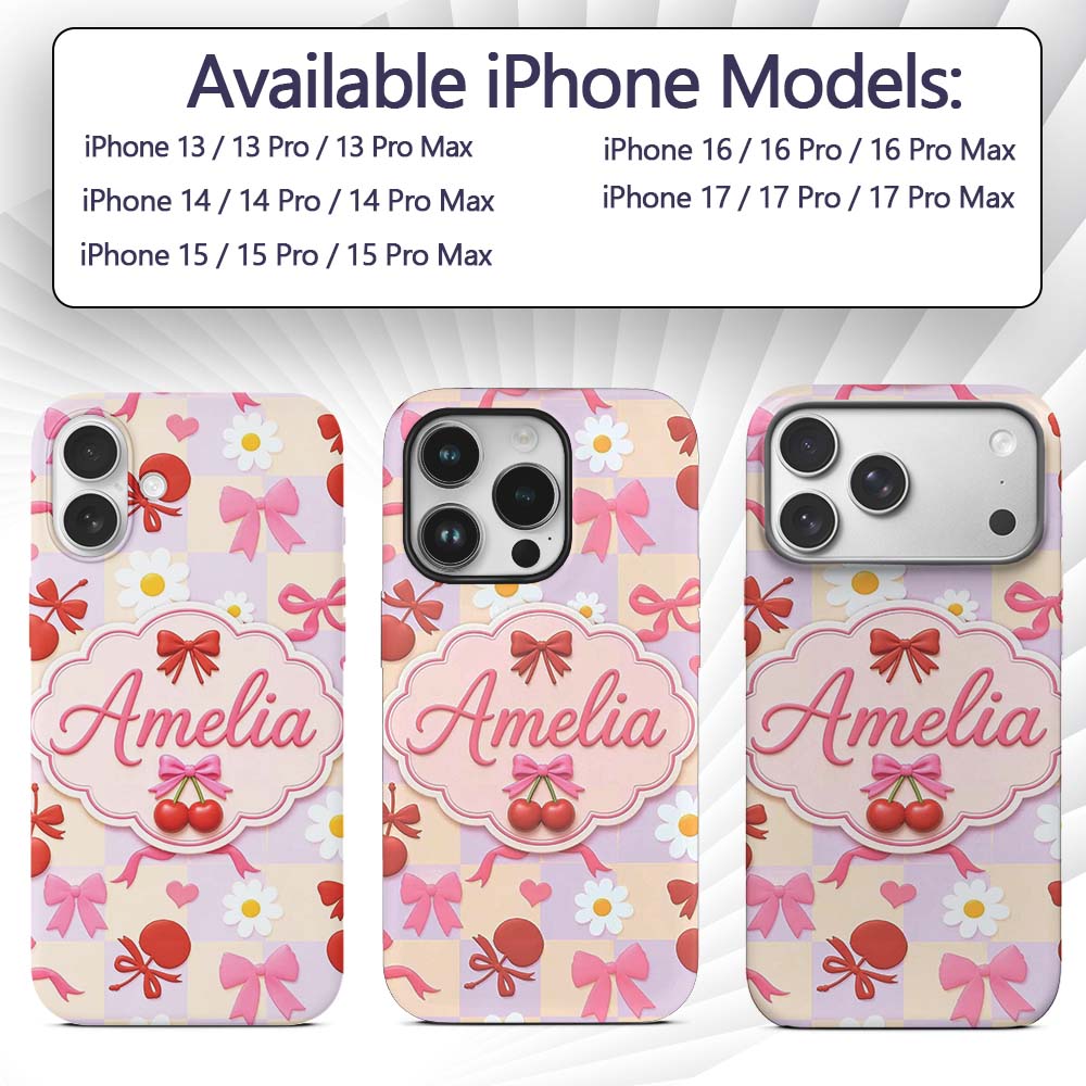 Cute Cherry Bow Daisy Heart Seamless Pattern on Custom Name Protective Phone Case Mobile Cover Durable Everyday Smartphone Shock Resistant