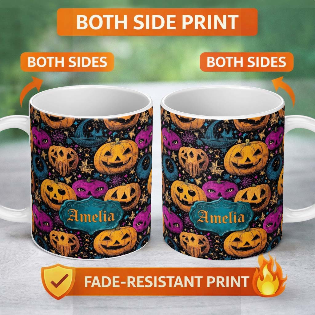 Personalized Custom Name Colorful Halloween Pumpkins Stars Seamless Pattern Name Cute Unique 11oz Ceramic Coffee Tea Mug White Large Handle