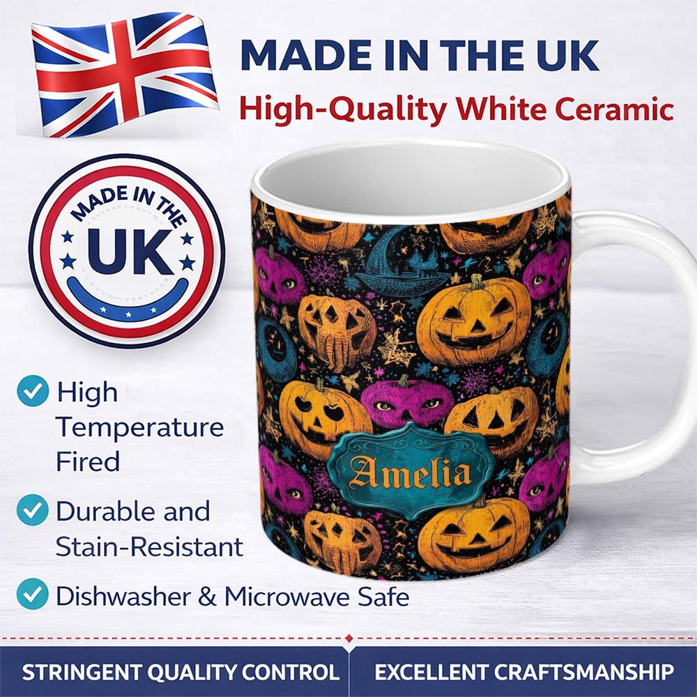 Personalized Custom Name Colorful Halloween Pumpkins Stars Seamless Pattern Name Cute Unique 11oz Ceramic Coffee Tea Mug White Large Handle