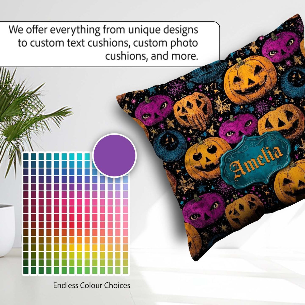 Custom Name Colorful Halloween Pumpkins Stars Seamless Name Cute Square Filled Cushion Throw Pillow Sofa Bed Home Decor Zip Washable UK Made