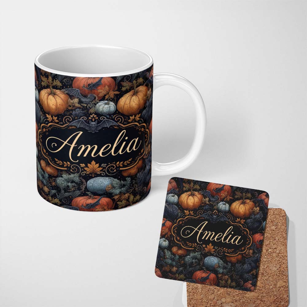 Personalized Custom Name Vintage Pumpkin Bats Botanical Night Seamless Pattern Name Cute 11oz Ceramic Coffee Tea Mug White Large Handle