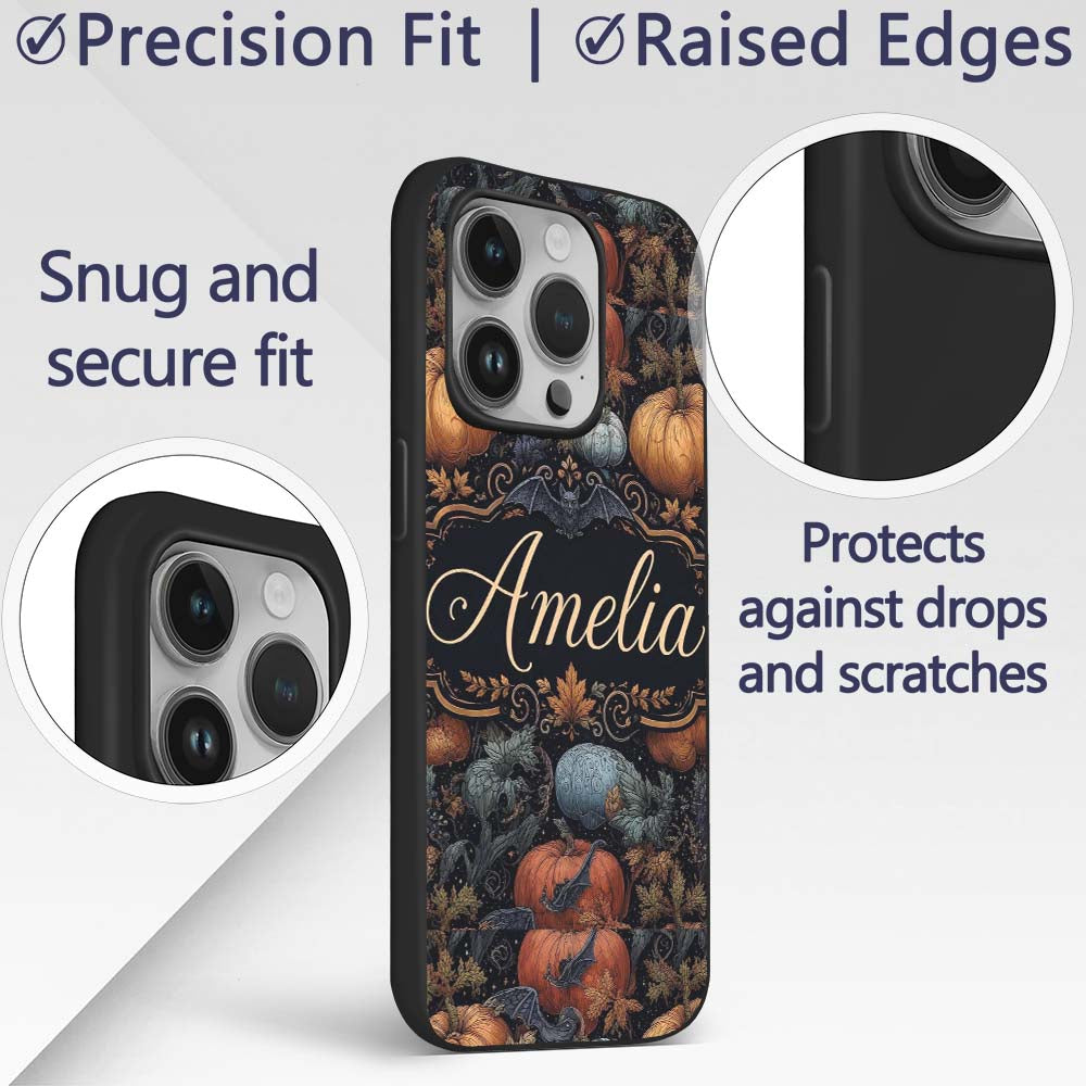 Vintage Pumpkin Bats Botanical Night Seamless Custom Name Protective Phone Case Mobile Cover Durable Everyday Smartphone Shock Resistant