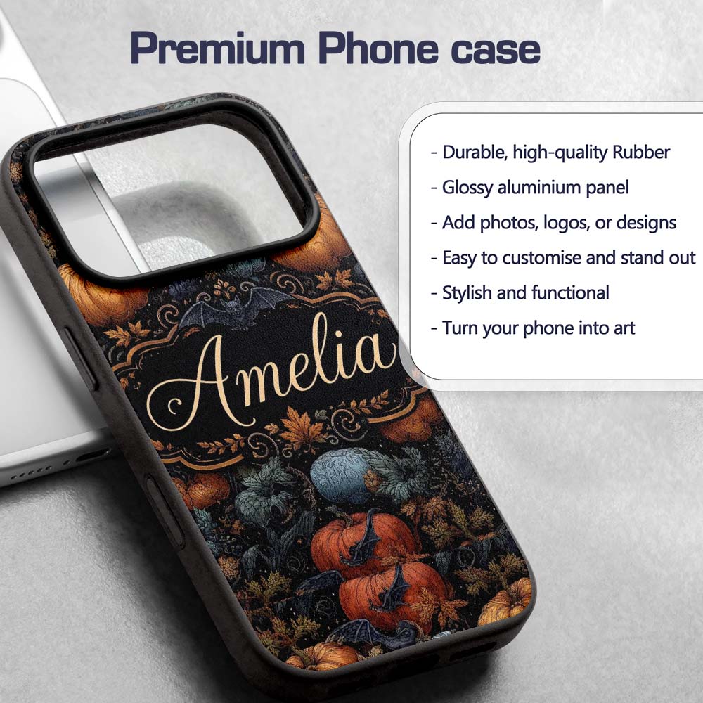 Vintage Pumpkin Bats Botanical Night Seamless Custom Name Protective Phone Case Mobile Cover Durable Everyday Smartphone Shock Resistant