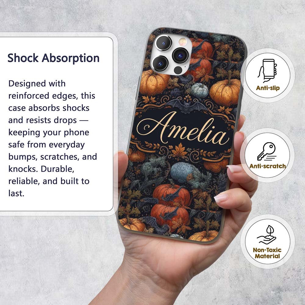 Vintage Pumpkin Bats Botanical Night Seamless Custom Name Protective Phone Case Mobile Cover Durable Everyday Smartphone Shock Resistant