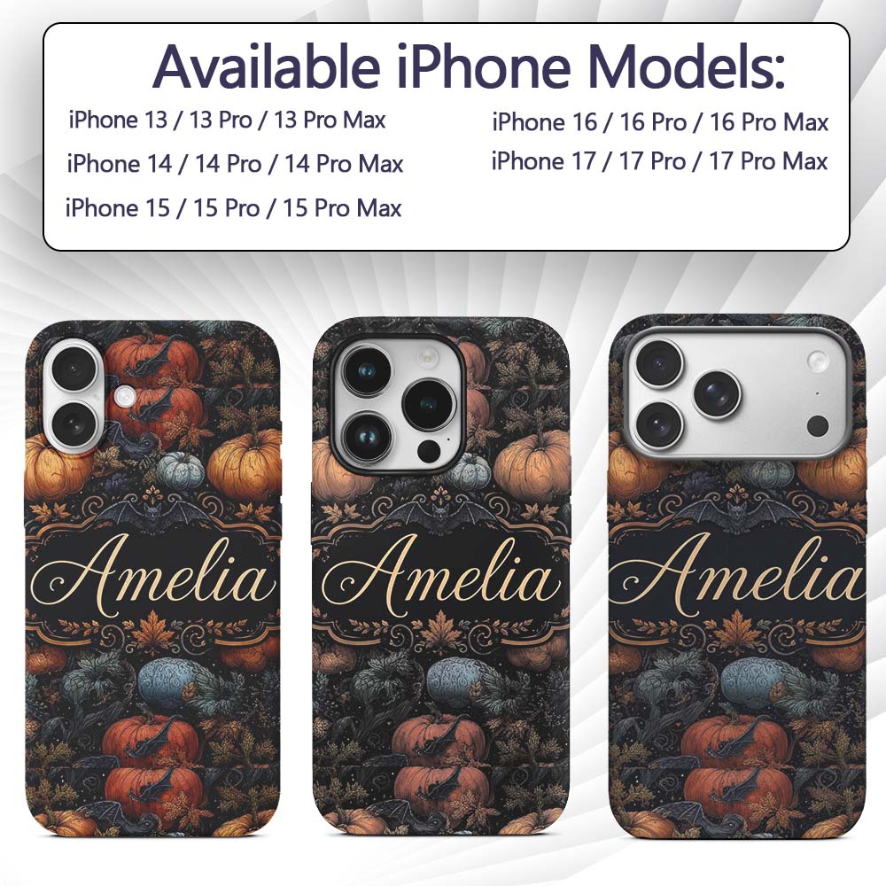 Vintage Pumpkin Bats Botanical Night Seamless Custom Name Protective Phone Case Mobile Cover Durable Everyday Smartphone Shock Resistant