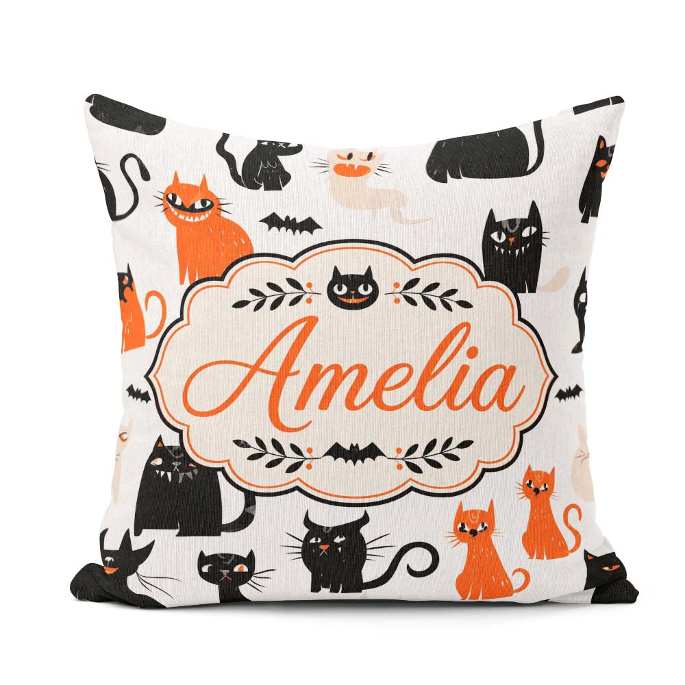 Custom Name Cute Black Cats Orange Accents Seamless Pattern Name Square Filled Cushion Throw Pillow Sofa Bed Home Decor Zip Washable UK Made