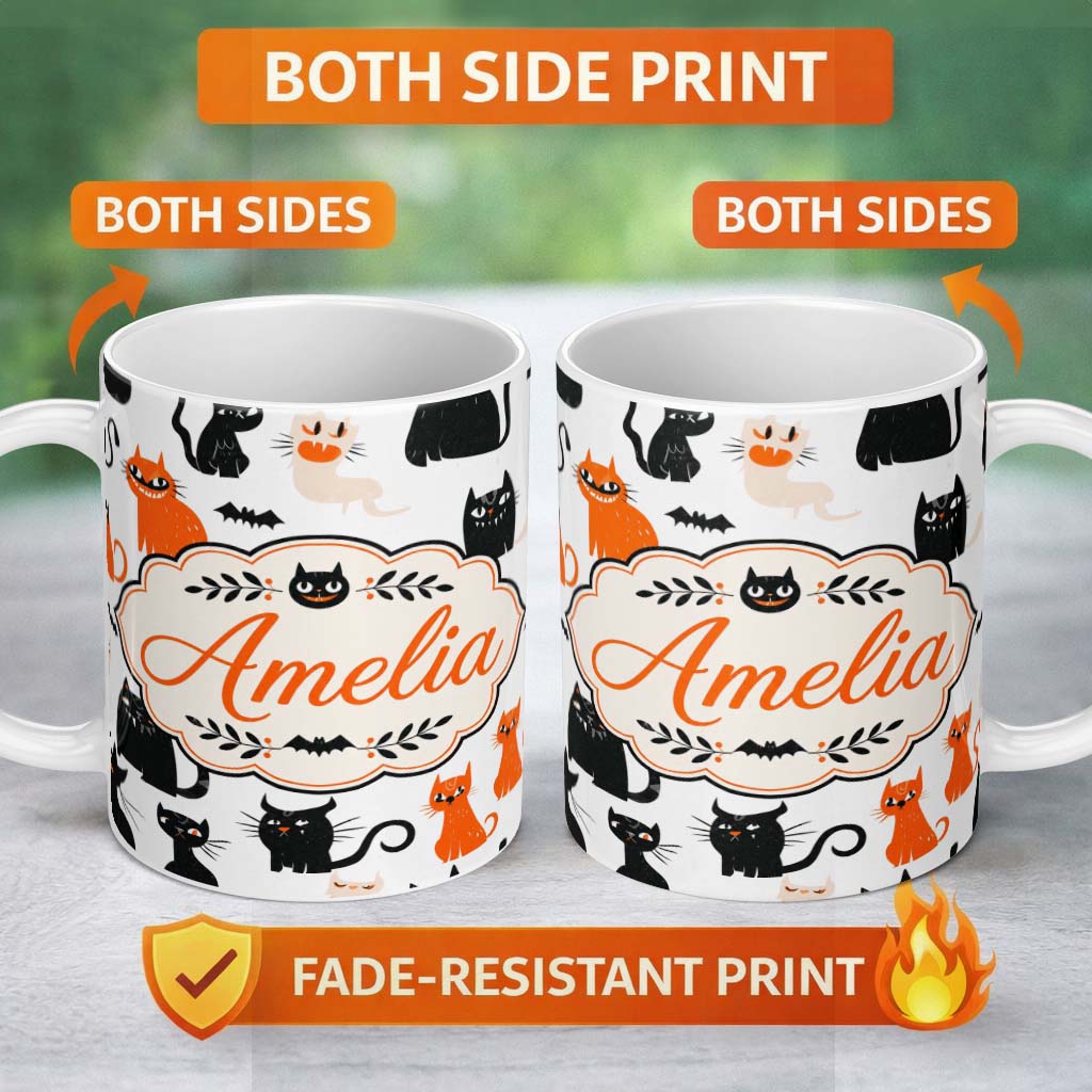 Personalized Custom Name Cute Halloween Black Cats Orange Accents Seamless Pattern Name 11oz Ceramic Coffee Tea Mug White Large Handle