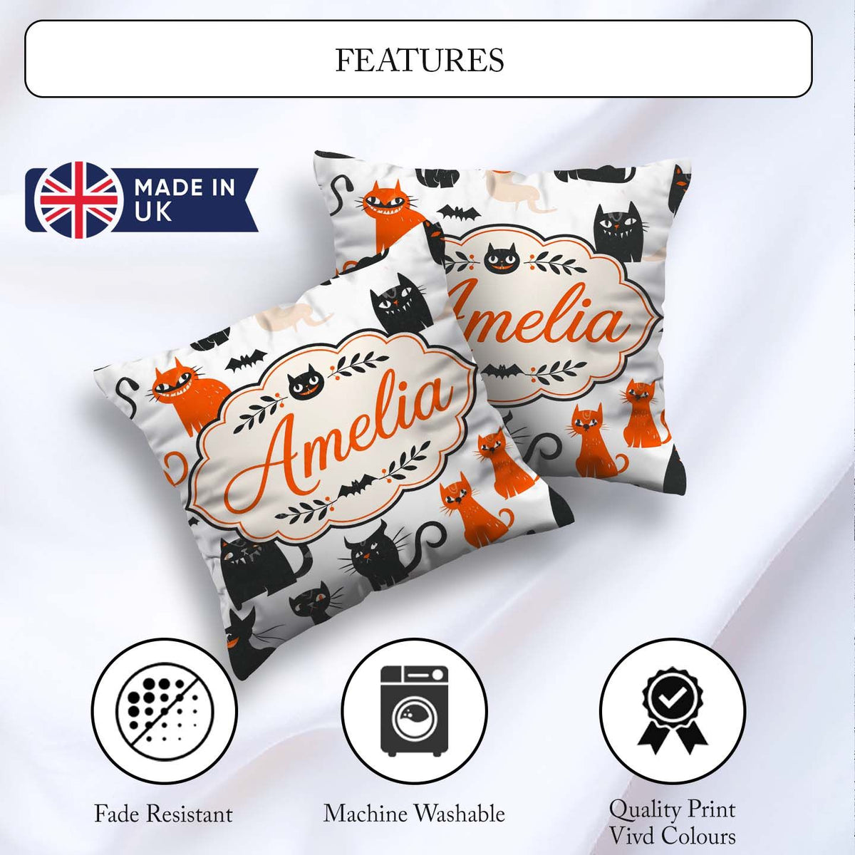 Custom Name Cute Black Cats Orange Accents Seamless Pattern Name Square Filled Cushion Throw Pillow Sofa Bed Home Decor Zip Washable UK Made