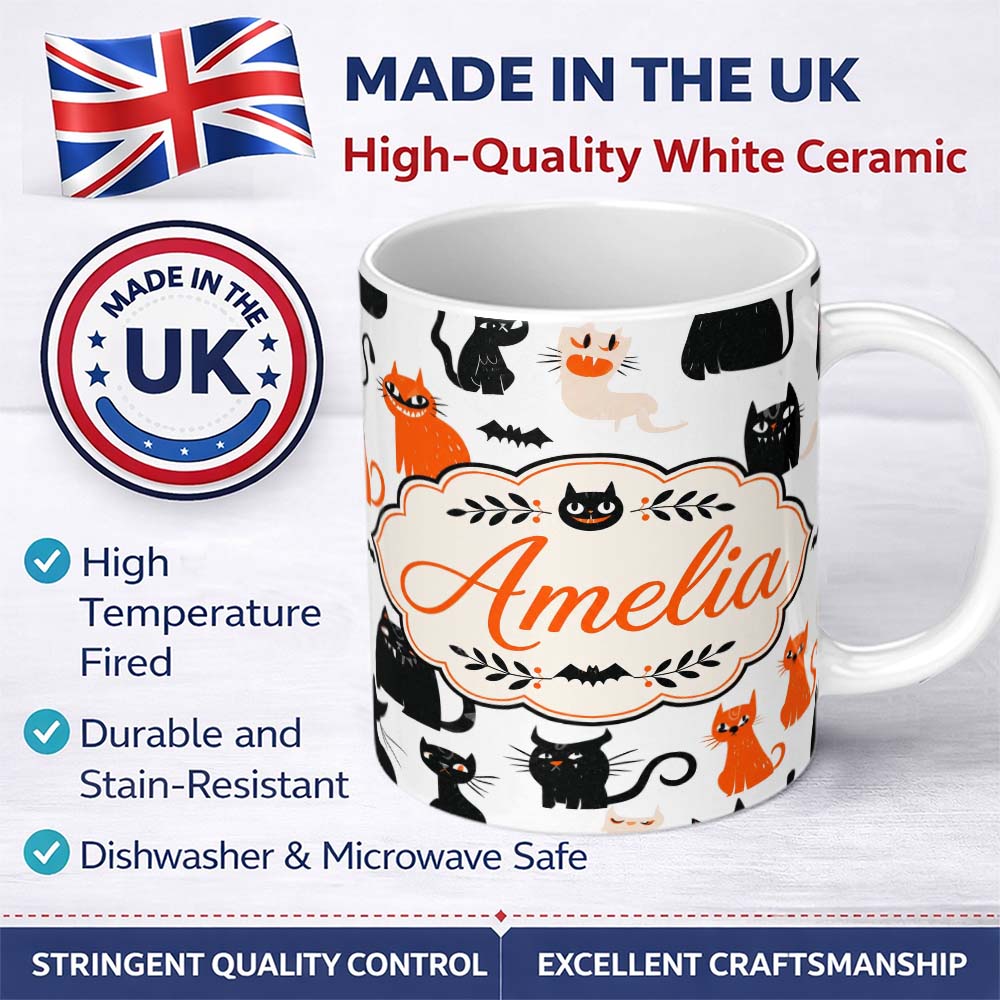 Personalized Custom Name Cute Halloween Black Cats Orange Accents Seamless Pattern Name 11oz Ceramic Coffee Tea Mug White Large Handle