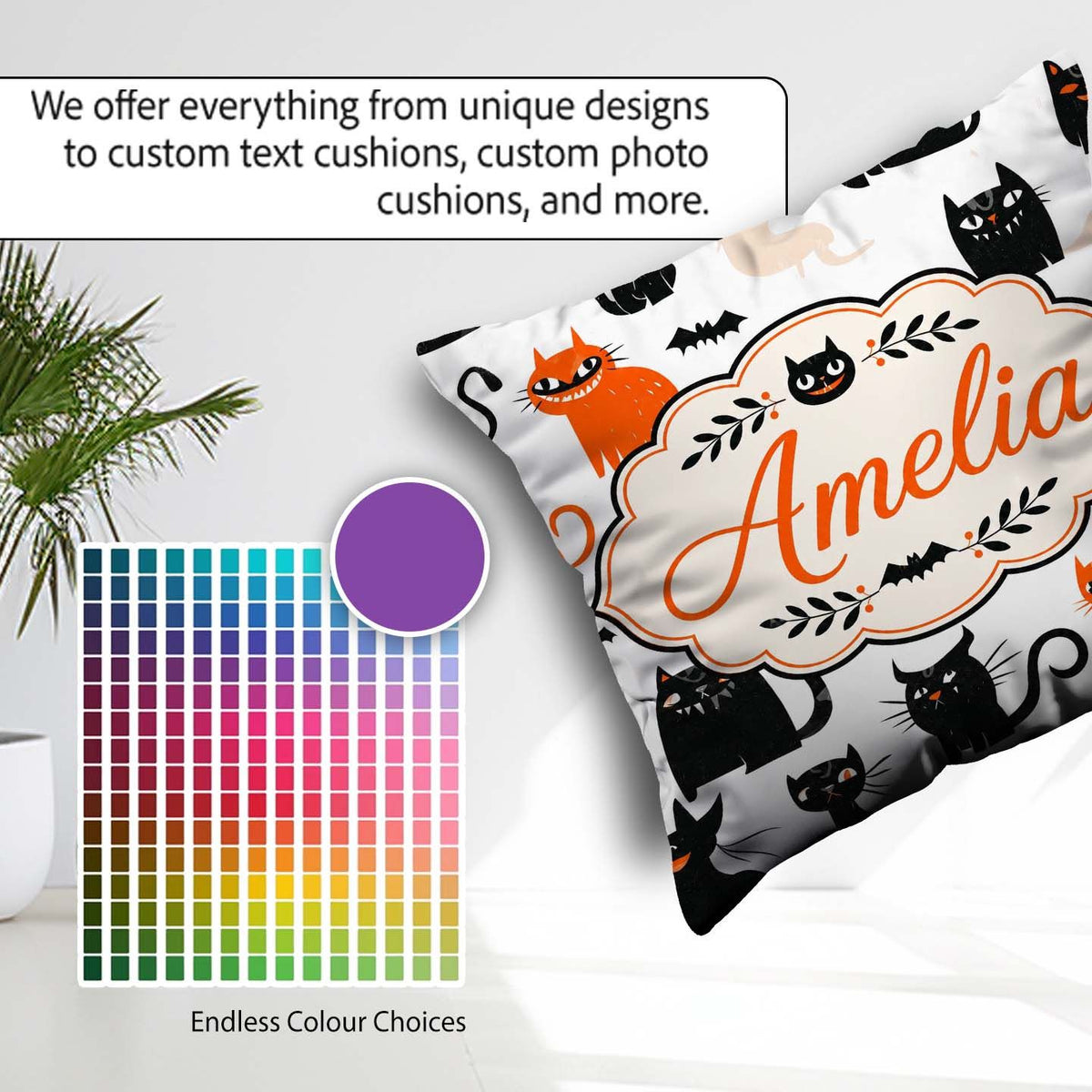 Custom Name Cute Black Cats Orange Accents Seamless Pattern Name Square Filled Cushion Throw Pillow Sofa Bed Home Decor Zip Washable UK Made