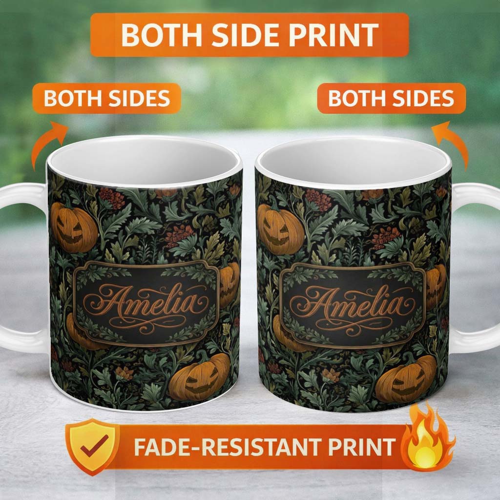 Personalized Custom Name Vintage Pumpkin Botanical Dark Floral Seamless Pattern Name Cute 11oz Ceramic Coffee Tea Mug White Large Handle