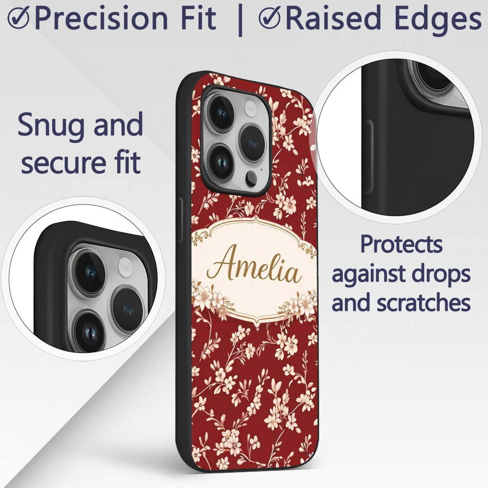 Red Vintage Floral Seamless Pattern Charming Custom Name Protective Phone Case Mobile Cover Durable Everyday Smartphone Shock Resistant