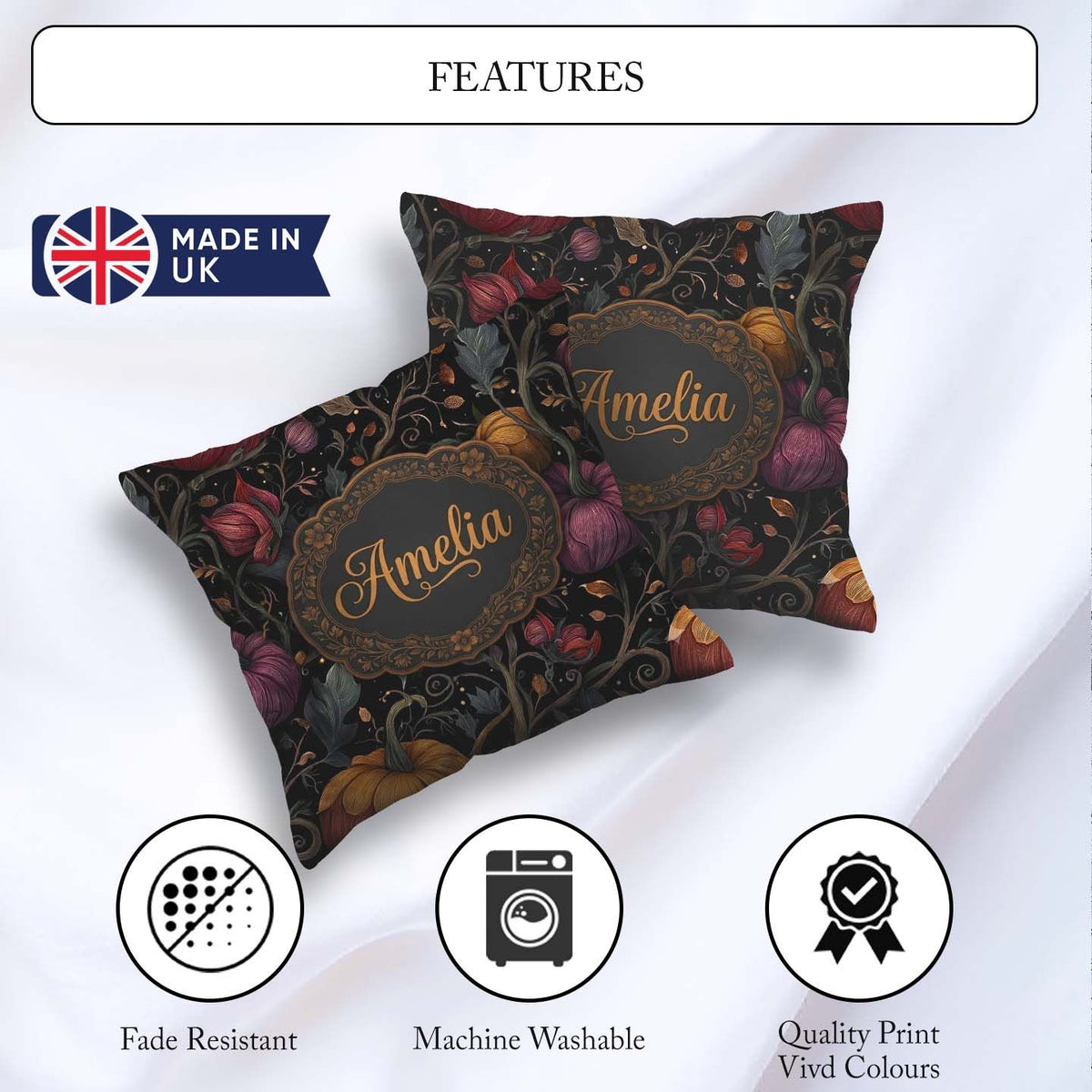 Custom Name Elegant Autumn Pumpkin Floral Dark Pattern Name Cute Square Filled Cushion Throw Pillow Sofa Bed Home Decor Zip Washable UK Made